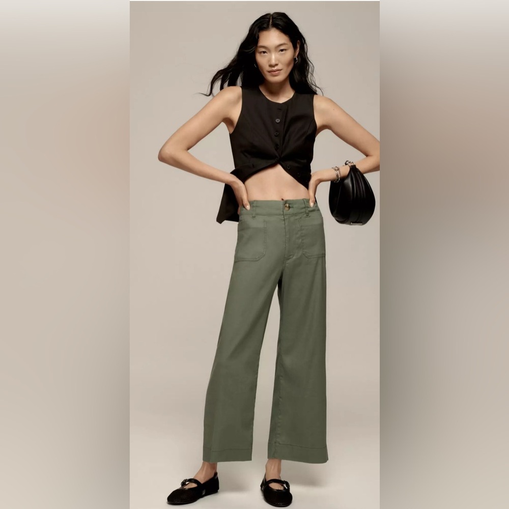 💚 NWOT The Colette Cropped Wide-Leg Pants by Maeve: Linen Edition- Olive Green💚